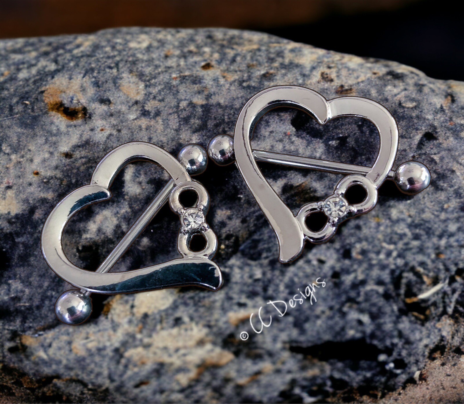 14g Pair Of White Sparkle Cz Silver Heart Bow nipple rings J26-27