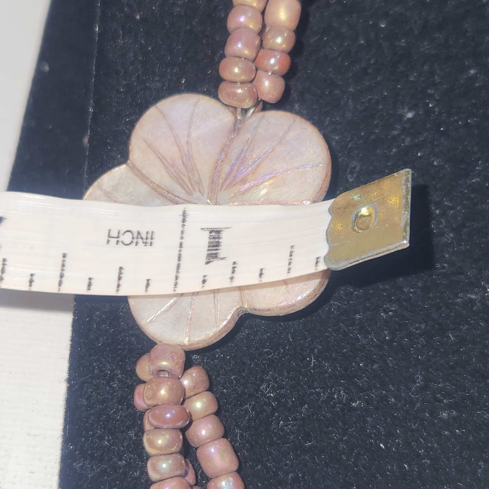 Iridescent Mauve Multi Strand Seed Bead Necklace Carved Shell Flower Toggle 21in