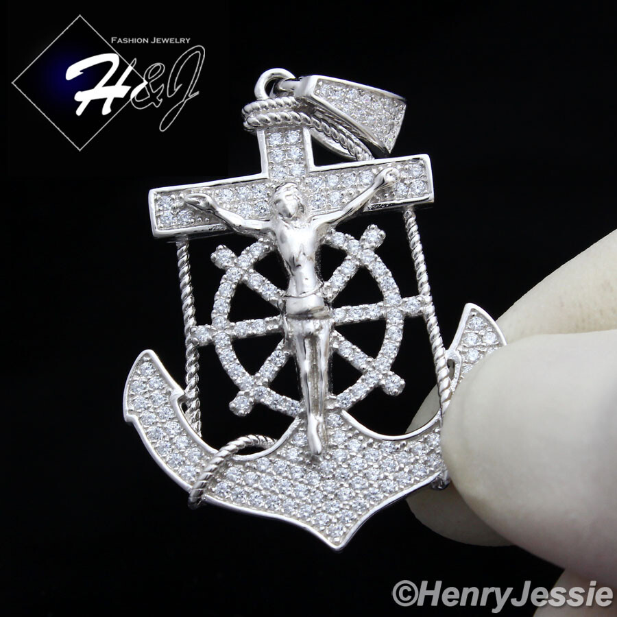 925 STERLING SILVER ICY BLING CUBIC ZIRCONIA 3D ANCHOR JESUS CROSS PENDANT*SP88