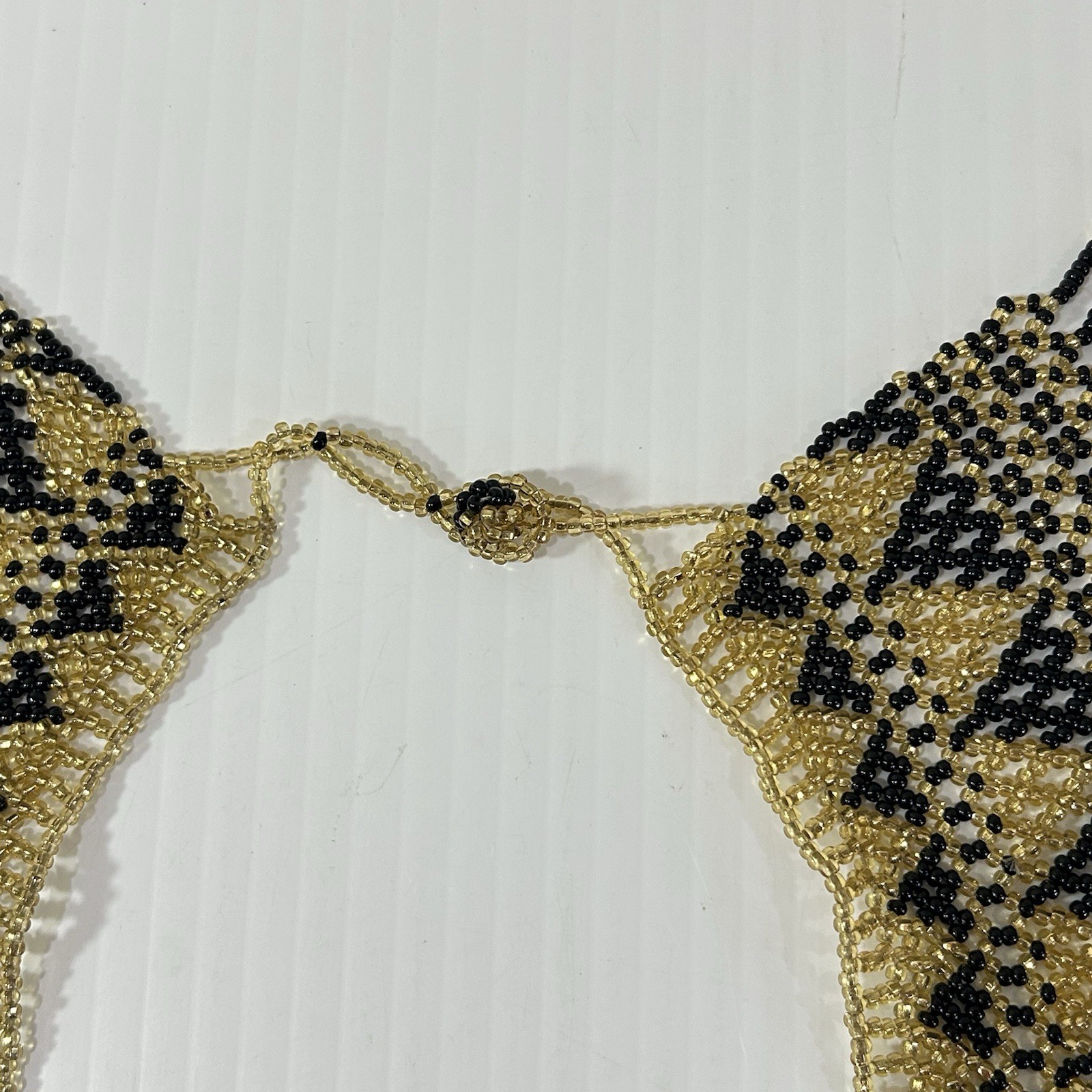 Handcrafted Sead Bead Collar Choker Necklace Black Gold Fringe Statement Jewelry