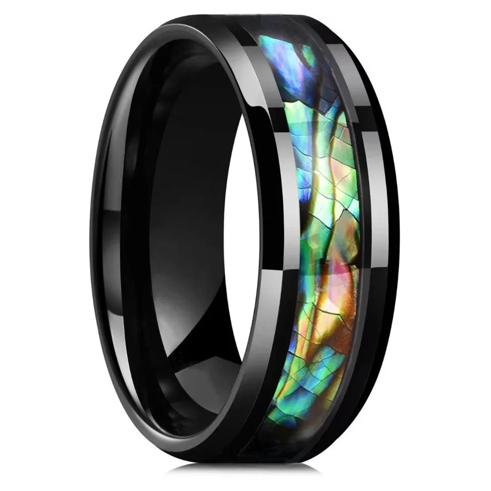 Stainless Steel Abalone Shell Ring 8mm Purple Polished Wedding Band Men