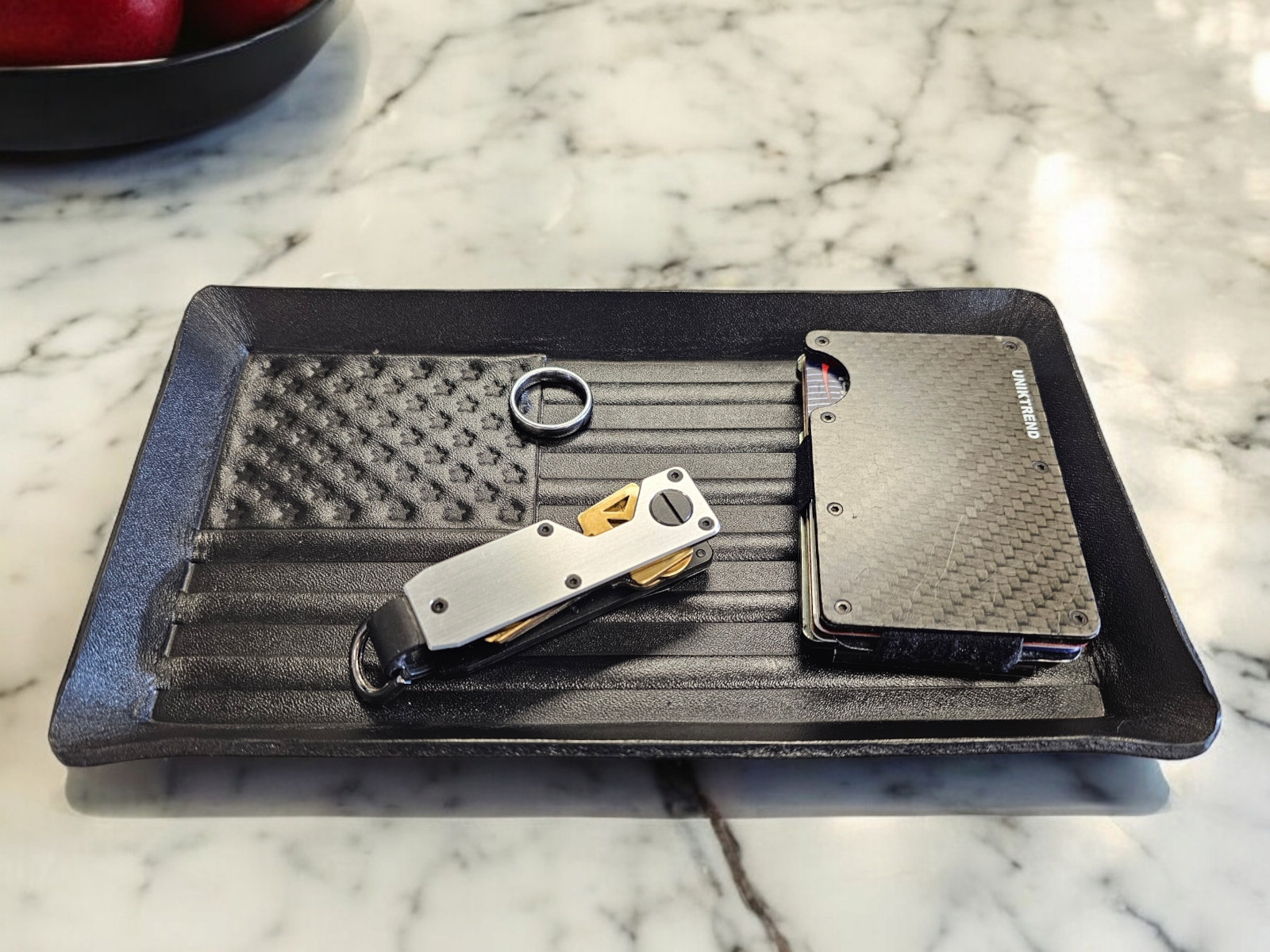 Leather valet tray. Formed leather, American flag , organizer, catchall tray
