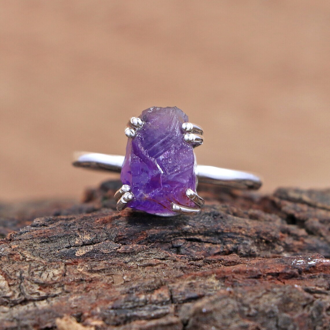 Lovable Rough Amethyst Ring Dainty Ring 925 Silver Birthstone Of February Gift