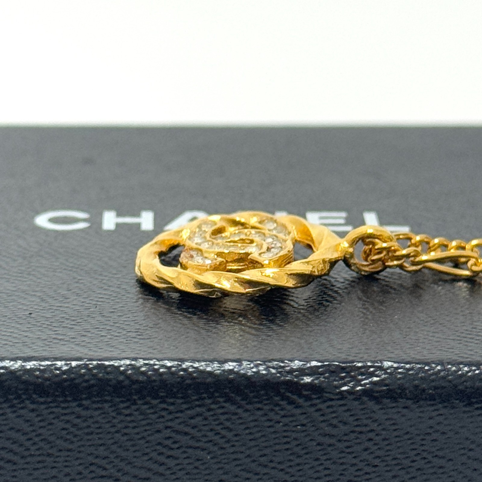 CHANEL 3438 CC Logo COCO Mark Necklace Rhinestone Gold Vintage Authentic JAPAN