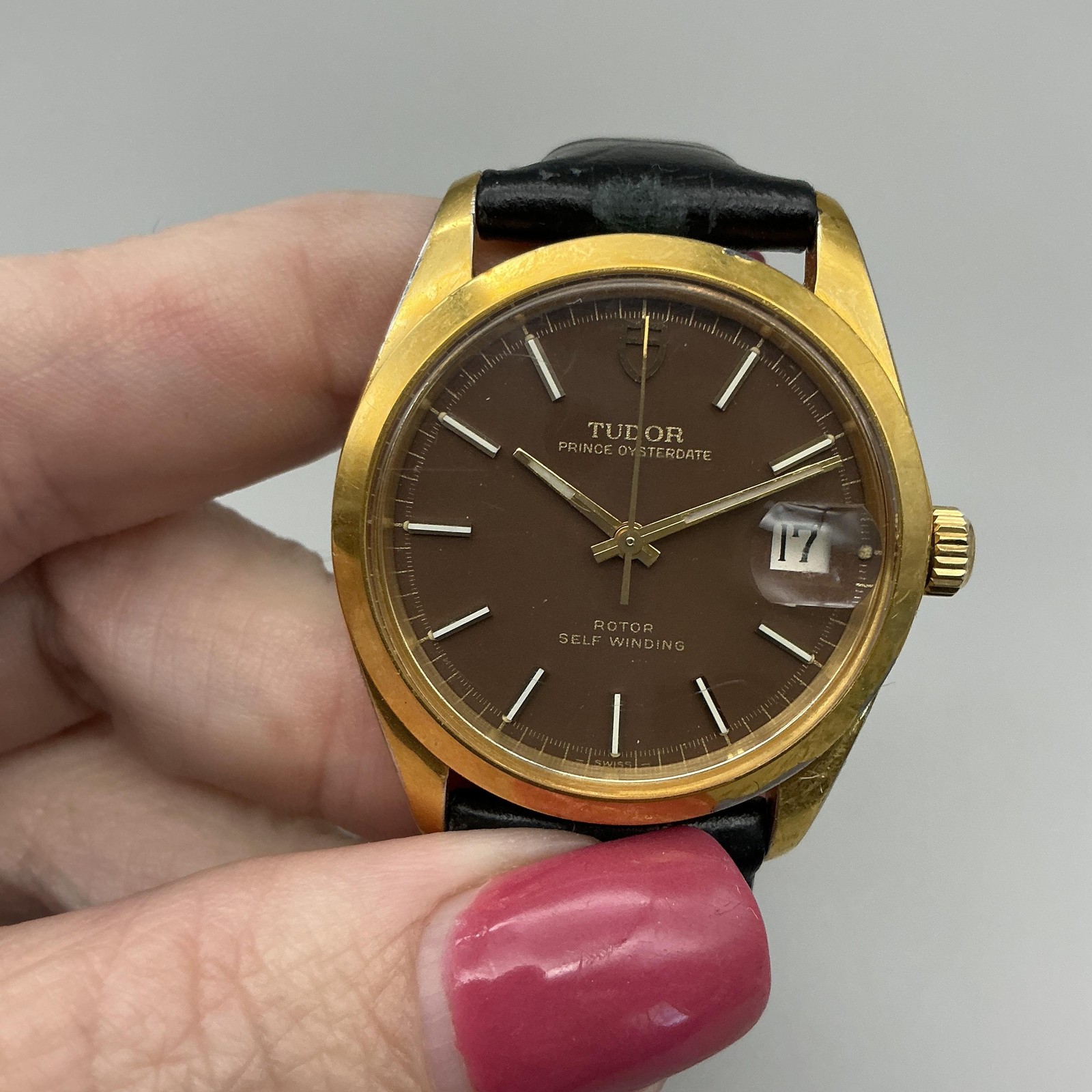 Vintage Tudor Prince Oysterdate Mens Watch 34mm Brown Dial Gold Plated Automatic