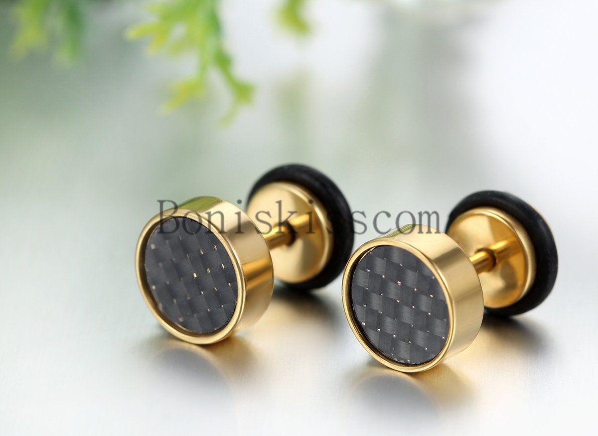Men’s Women’s Stainless Steel Carbon Fiber 8mm Round Barbell Stud Earrings 2Pcs