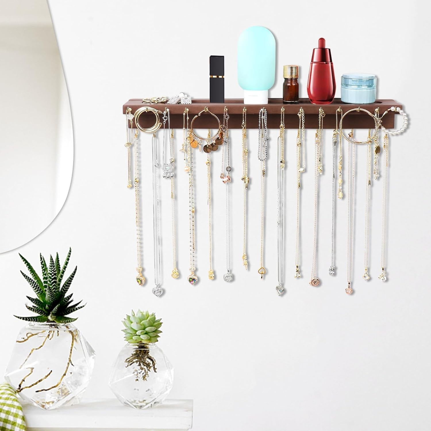 Elegant 30-Hook Necklace Organizer Wall-Mounted Jewelry Holder in Walnut