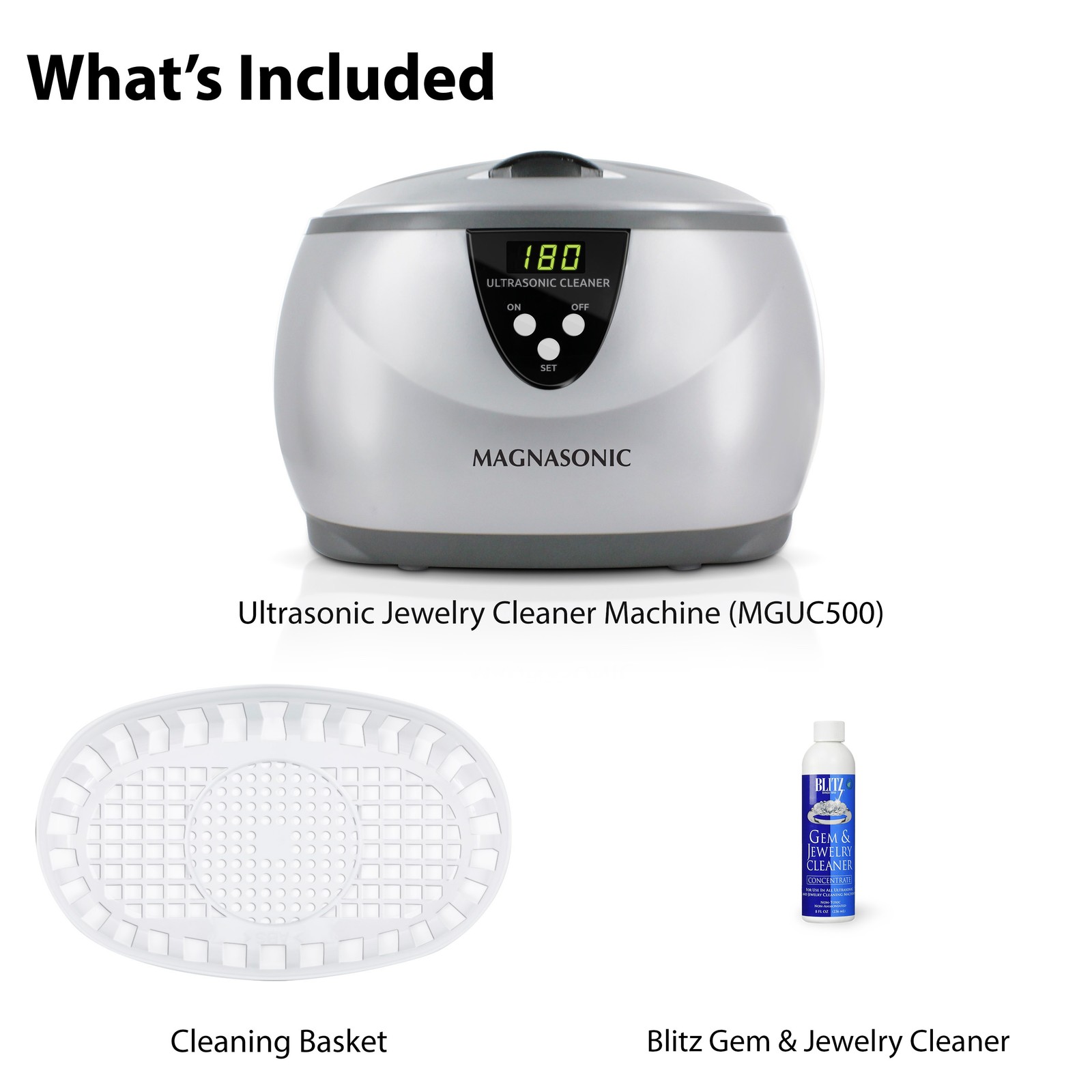 MAGNASONIC Digital Ultrasonic Jewelry Cleaner w/ Gem Jewelry Cleaner Concentrate