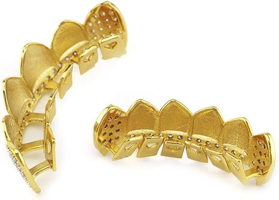 14K GP HipHop Teeth Dental Caps Grillz Top&Bottom Grills Set W/ Wax Real CZ