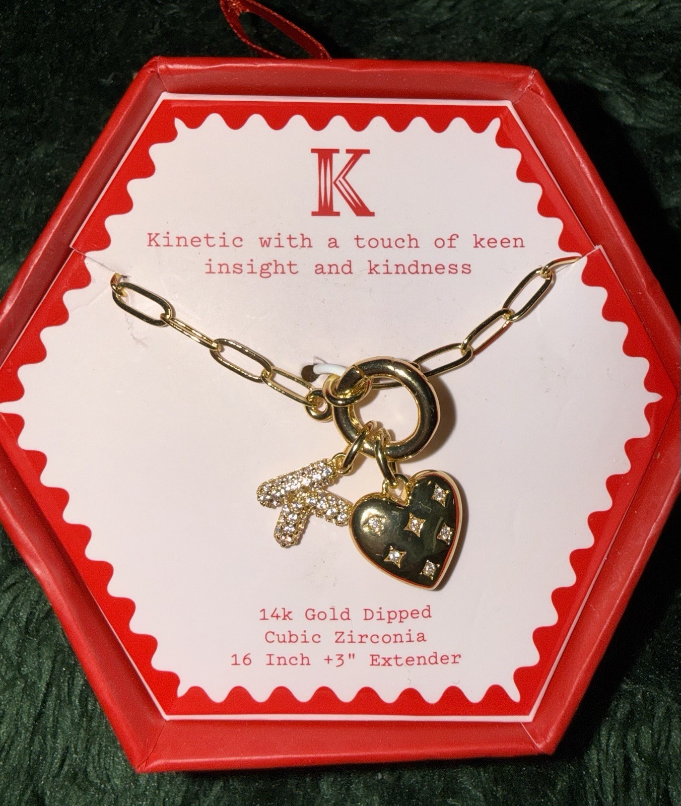 A New Day 14K Gold Dipped CZ Heart & K Charm Necklace 16in + 3in Ext