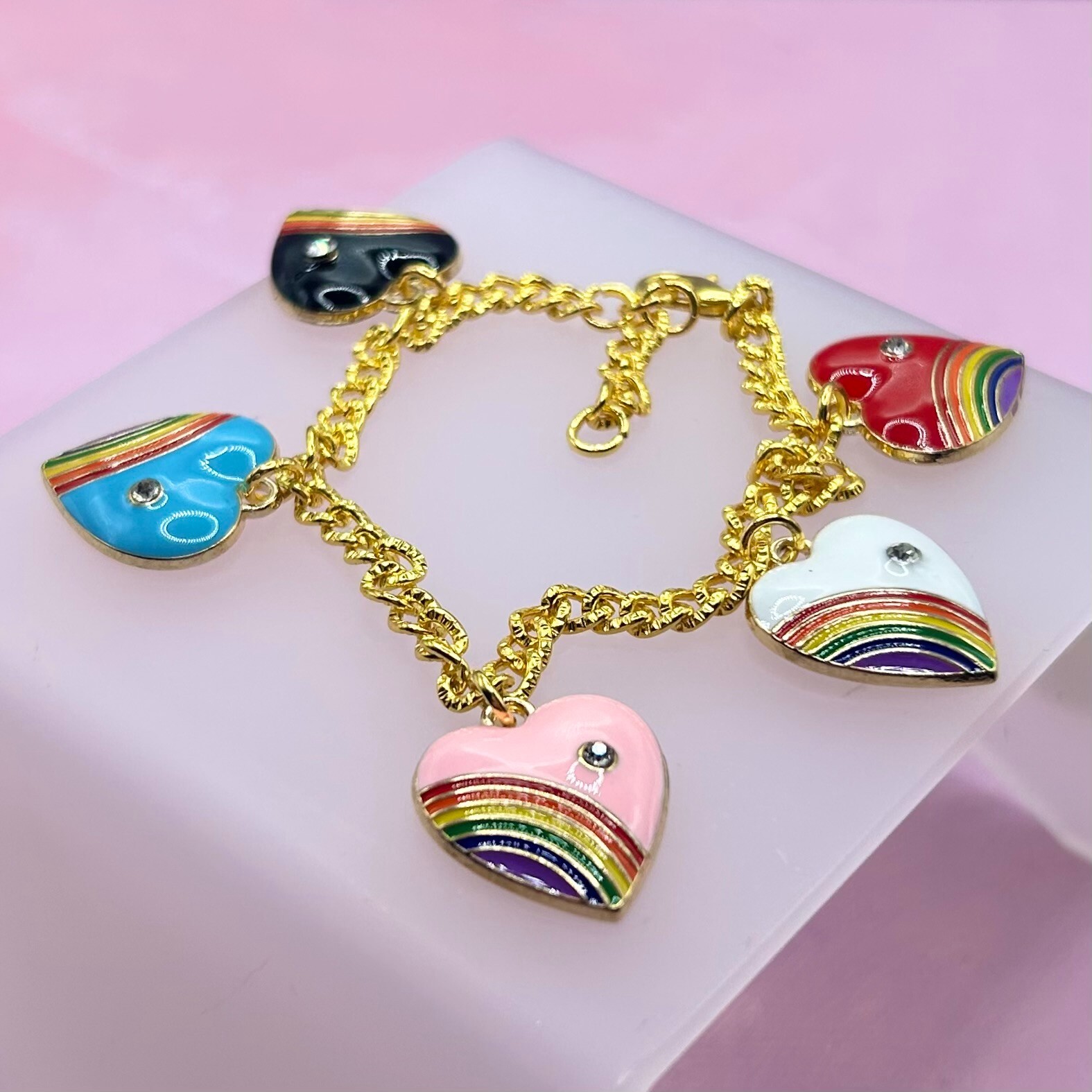 Gold Rainbow & Diamante Heart Pendant Charm Bracelet – New Handmade Unique