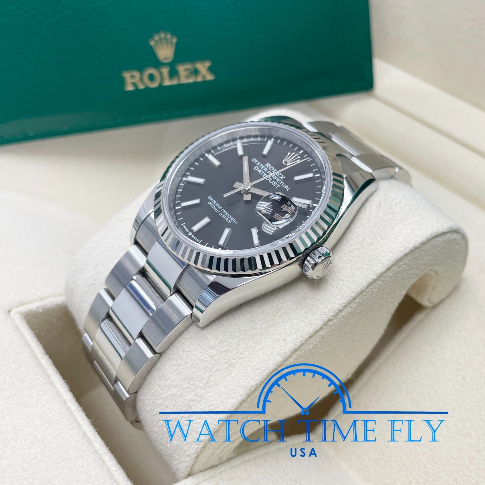 Rolex 126234 Stainless Steel Datejust 36mm Fluted Bezel Black Index Stick Dial
