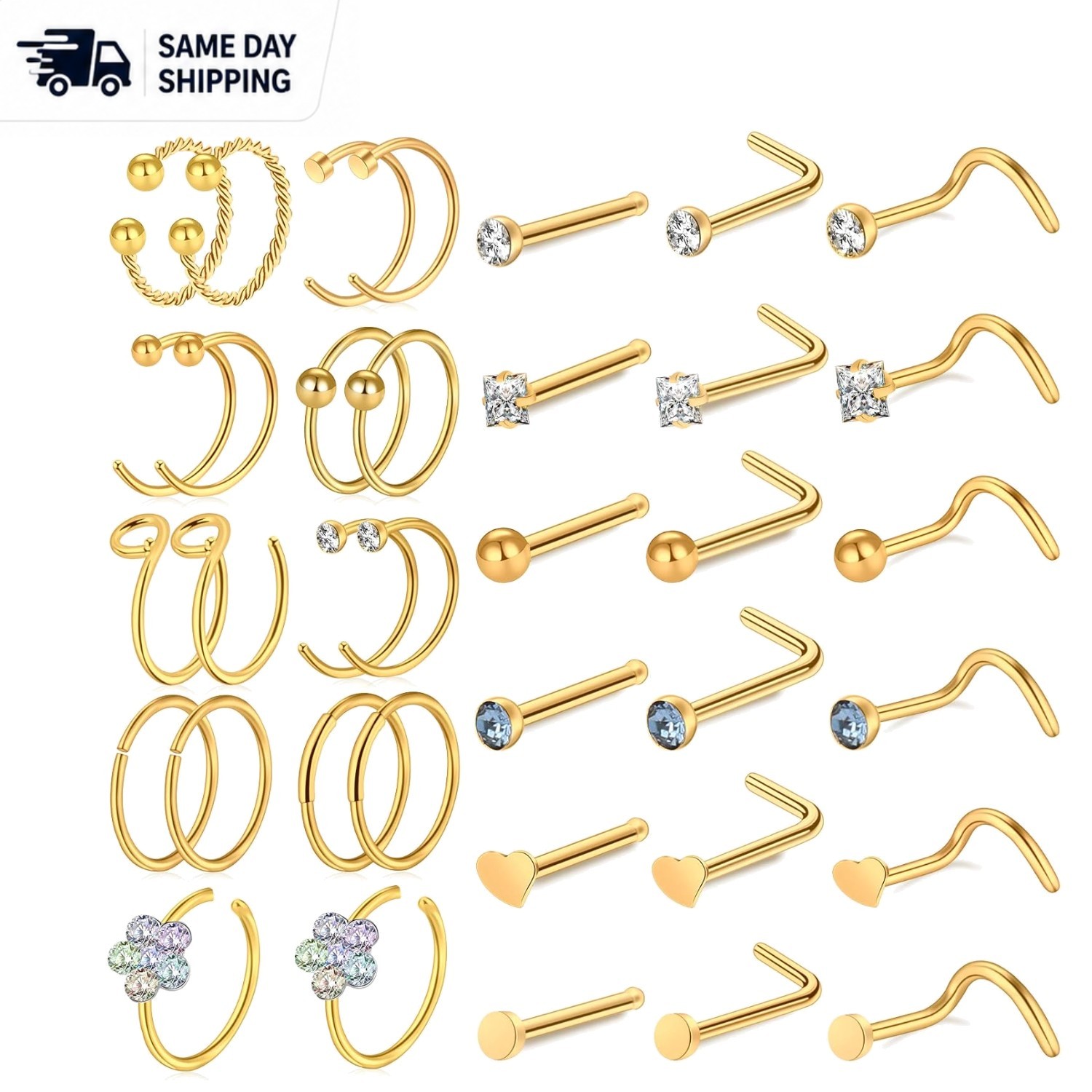 Fashionable Gold Nose Rings – 36 Pcs Hypoallergenic Jewelry for Every Occasion
