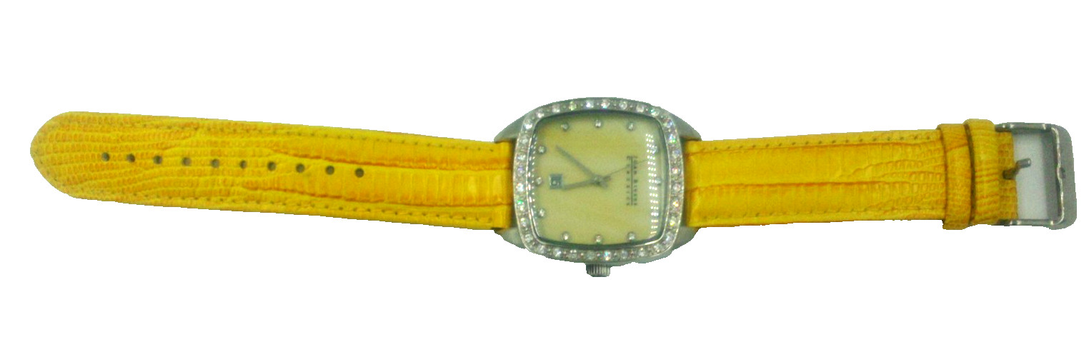 Joan Rivers Classics Yellow Leather Silver Tone CZ Watch V377 Needs Battery