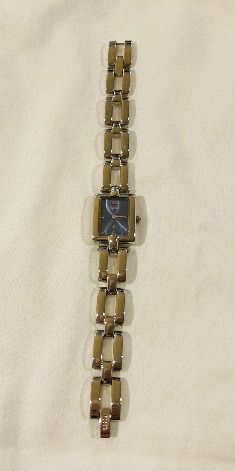 Fossil F2 Watch Women 19mm Silver Tone Rectangle Blue Dial Original Box