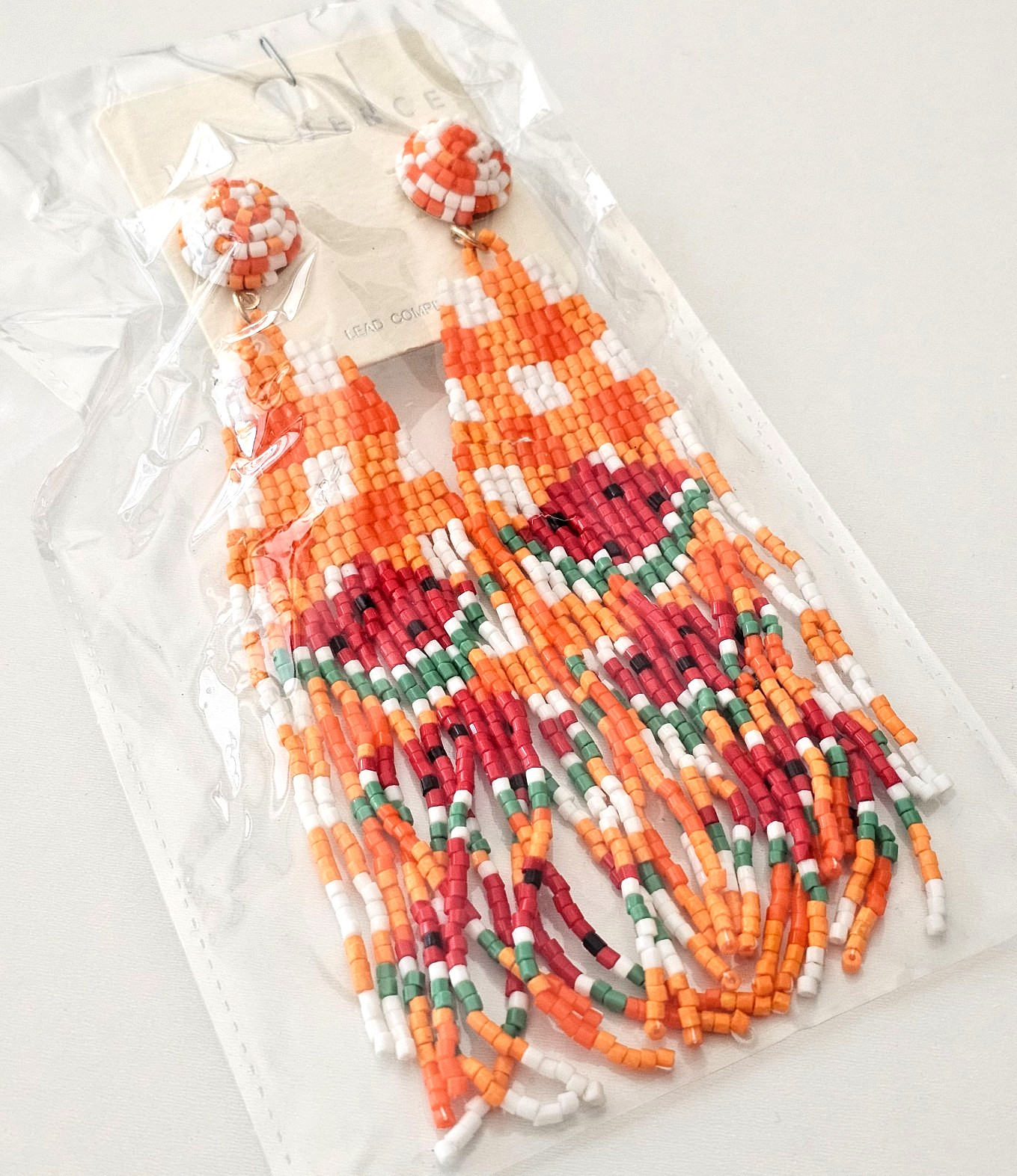 Boho Chic Orange Earrings Watermelon Fruit Dangle Drop Fringe Bead Beaded 5″ NEW