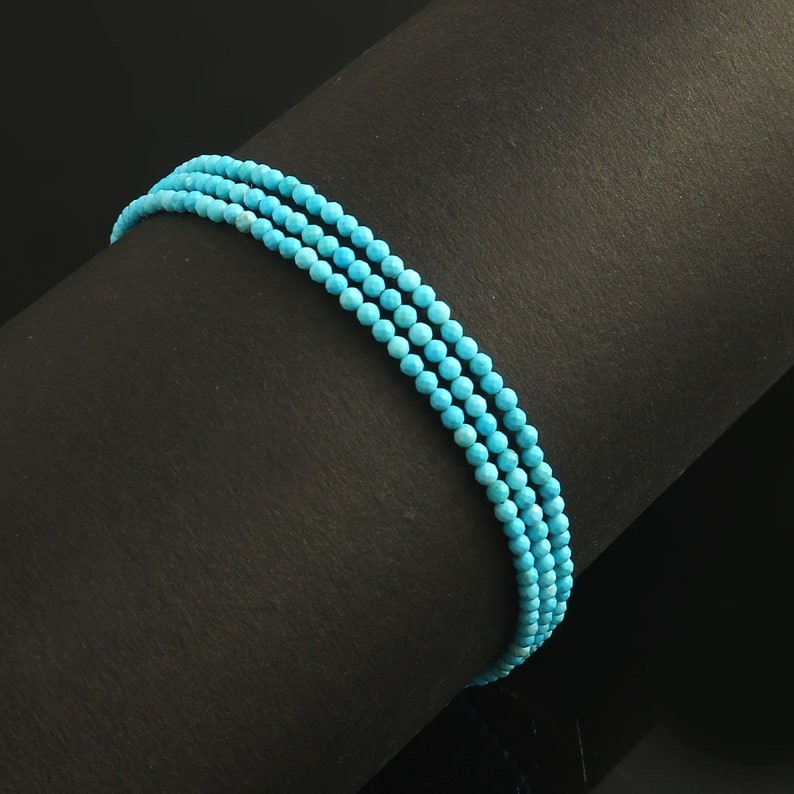 Dainty Turquoise Faceted Round Gemstone Beads 3 Strand Handmade Bracelets 6-8”