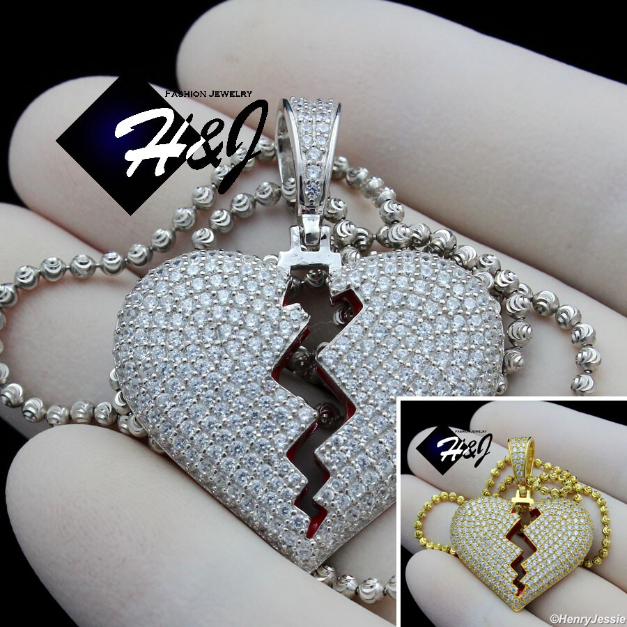 925 STERLING SILVER CUBIC ZIRCONIA GOLD PLATED/SILVER CHAIN BROKEN HEART PENDANT