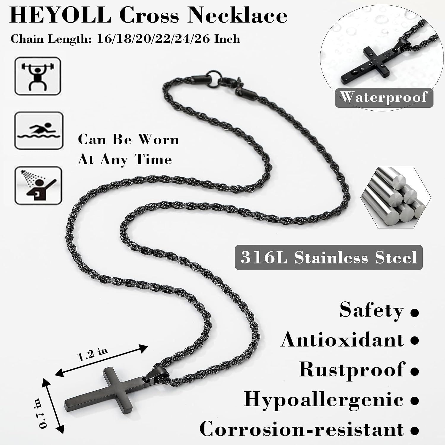 Cross Necklace for Boys Mens Stainless Steel Twisted Rope Chain Cross Pendant Ru