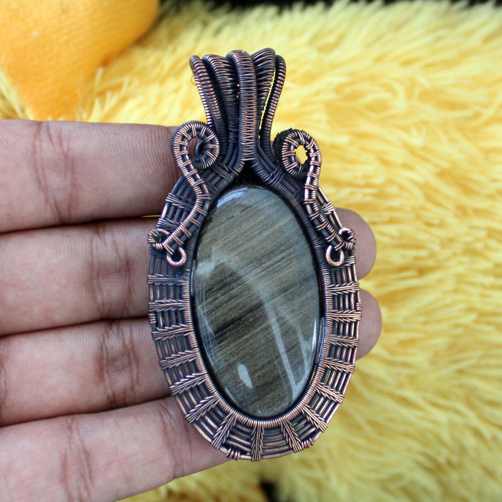 Golden Obsidian Pendant Copper Wire Wrapped Pendant Handmade Wire Wrap Jewelry