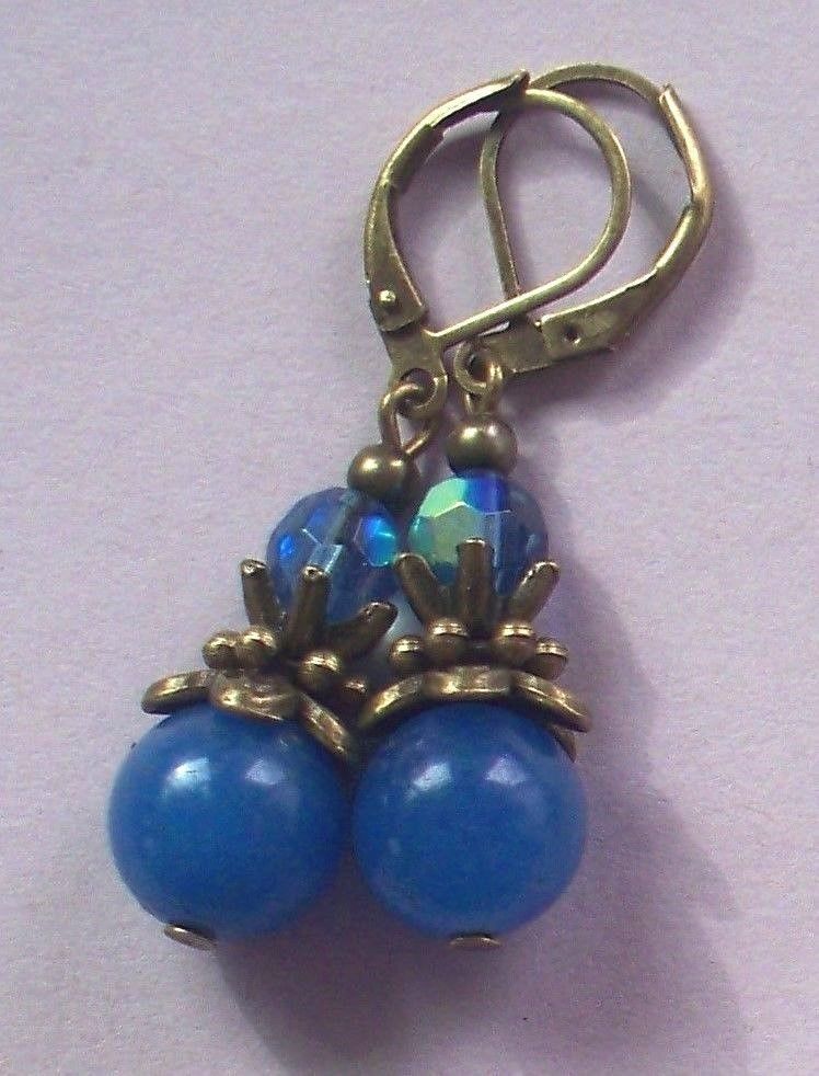 dark blue BLUE JADE & AB Crystal earring BRONZE LEVERBACK artisan#475-4
