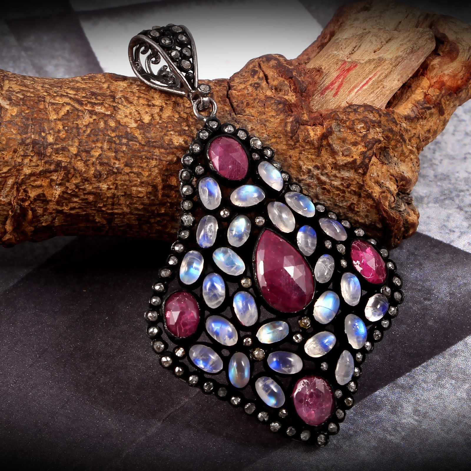 Natural Ruby Diamond Rainbow Moonstone Pendant 925 Sterling Silver Handmade