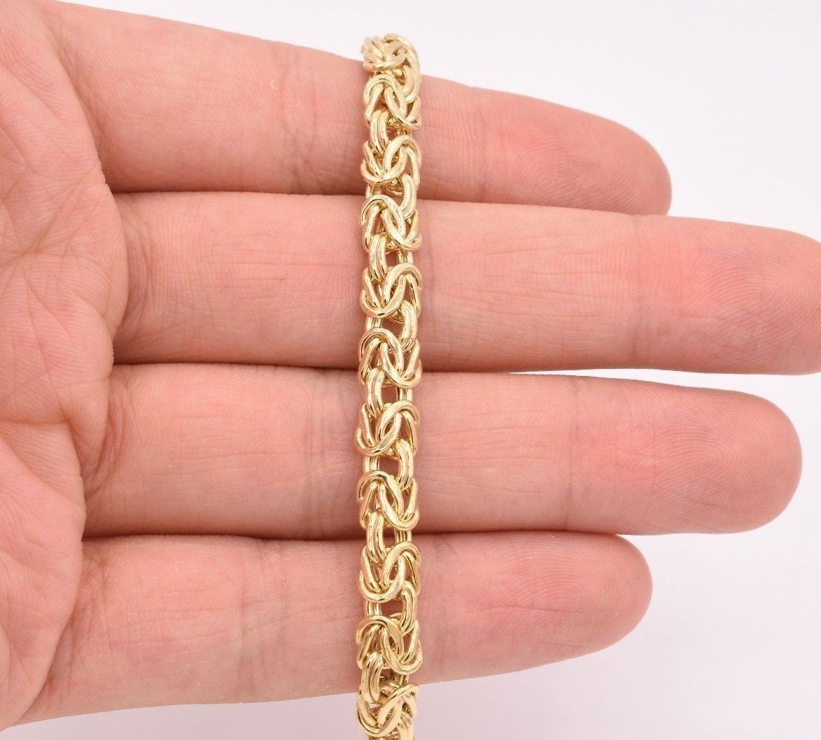 7mm All Shiny Classic Dome Byzantine Bracelet Lobster Lock Real 14K Yellow Gold