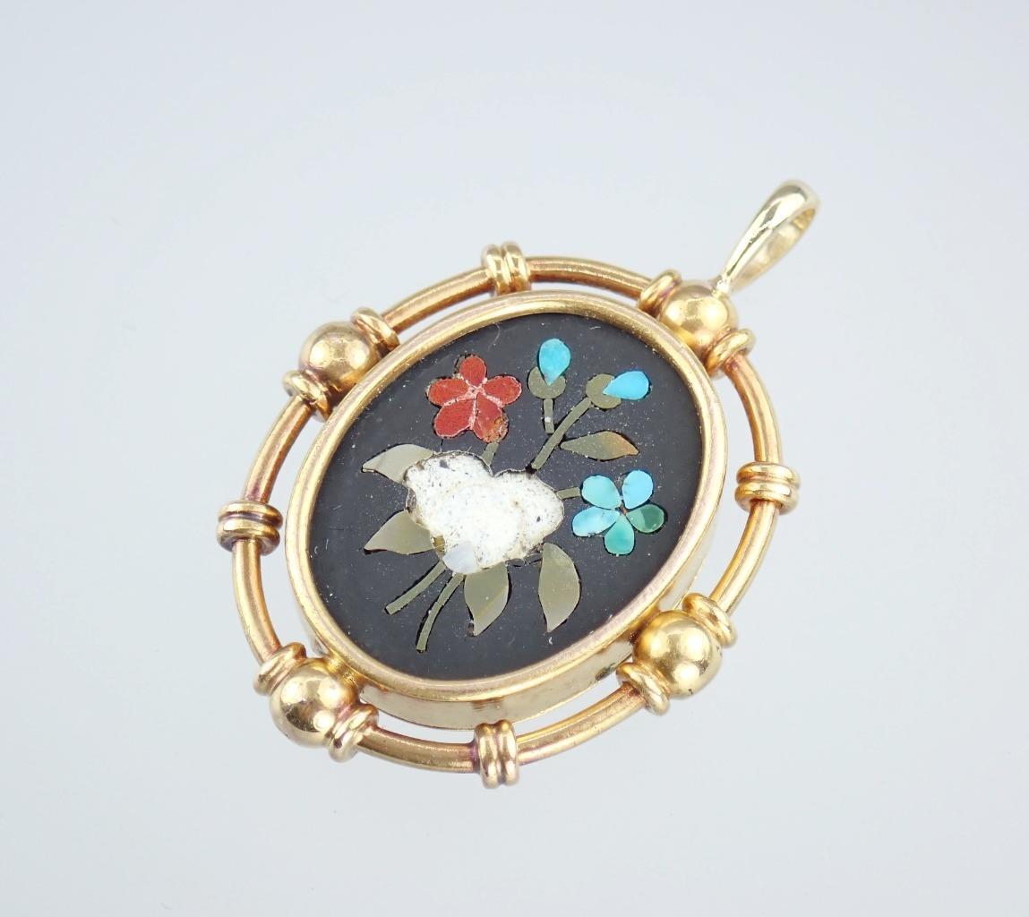 Fine Antique VICTORIAN Solid 18k Gold PIETRA DURA Mosaic Floral MOURNING PENDANT