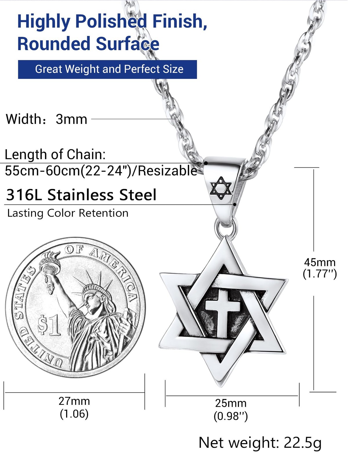 Star Of David Necklace For Men Jewish Jewelry Stainless Steel Cross Pendant C…
