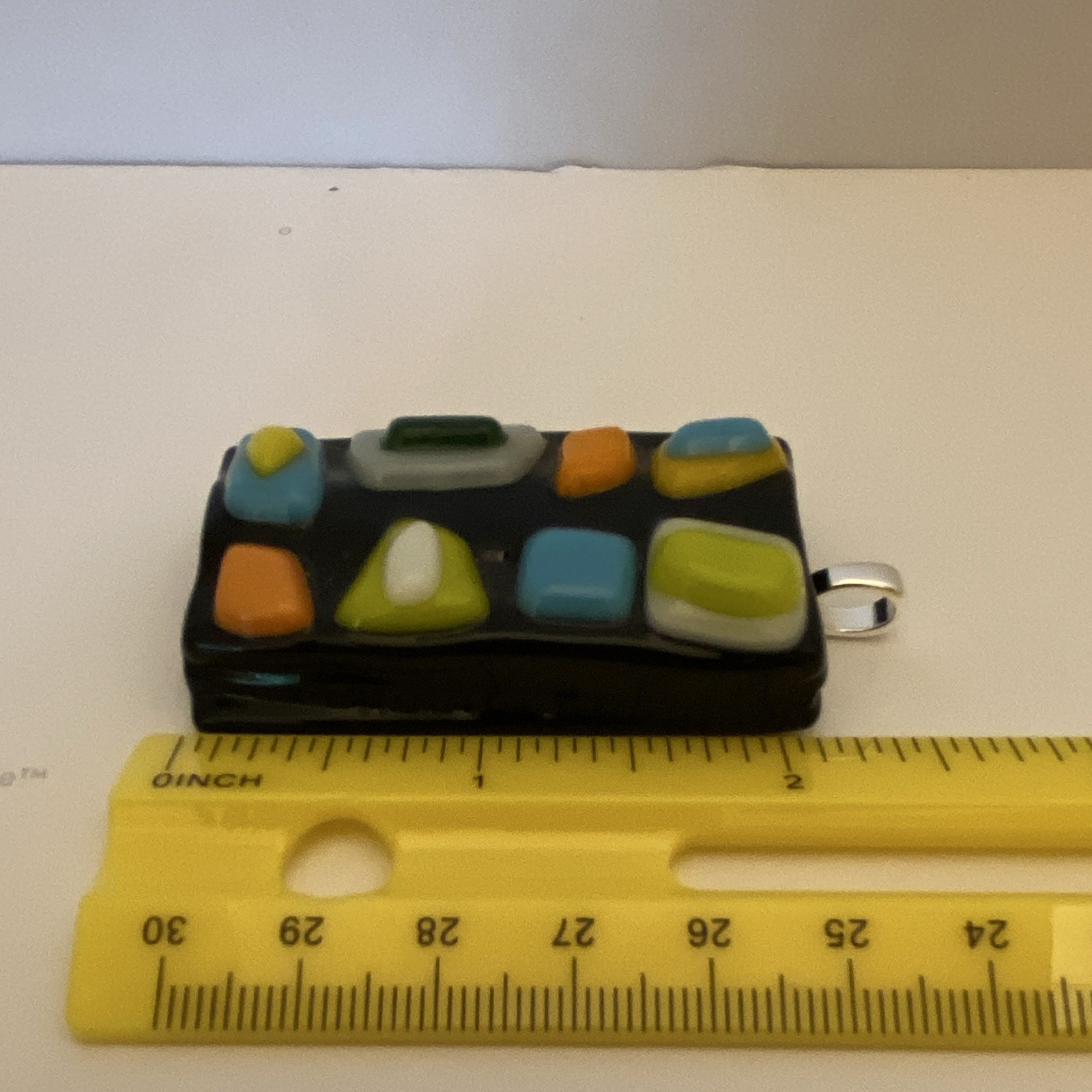 Fused Glass Silver Tone Bail Rectangle Glass Charm Pendant Multicolor Handmade