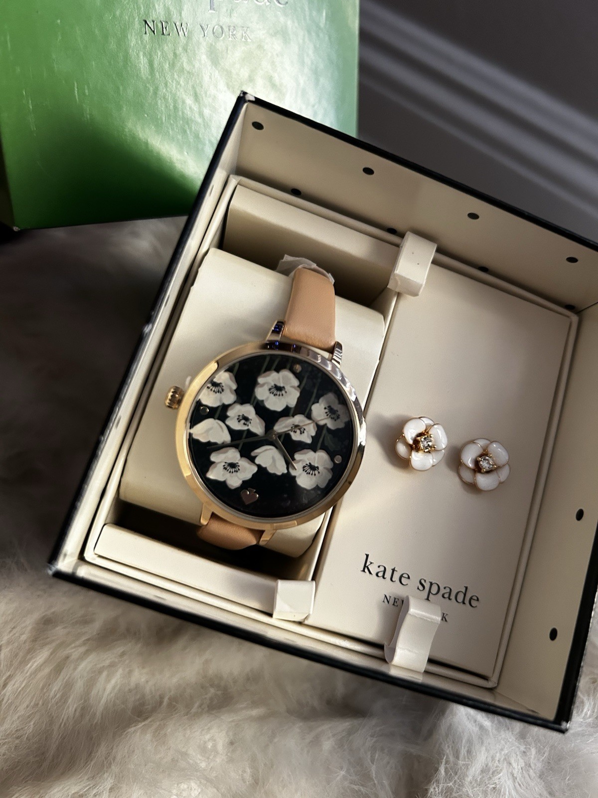 Kate Spade Floral Watch & Earrings Set Leather Metal Enamel Beige Gold