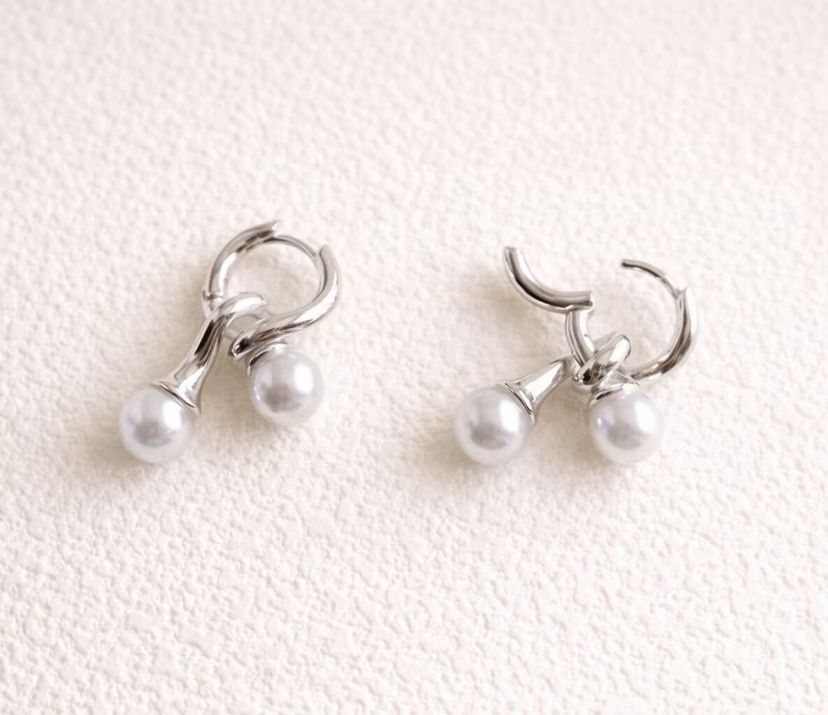 925 Silver Pearl Huggie Hoop Earrings Minimalist Double Pearl Dangle Hoops 107