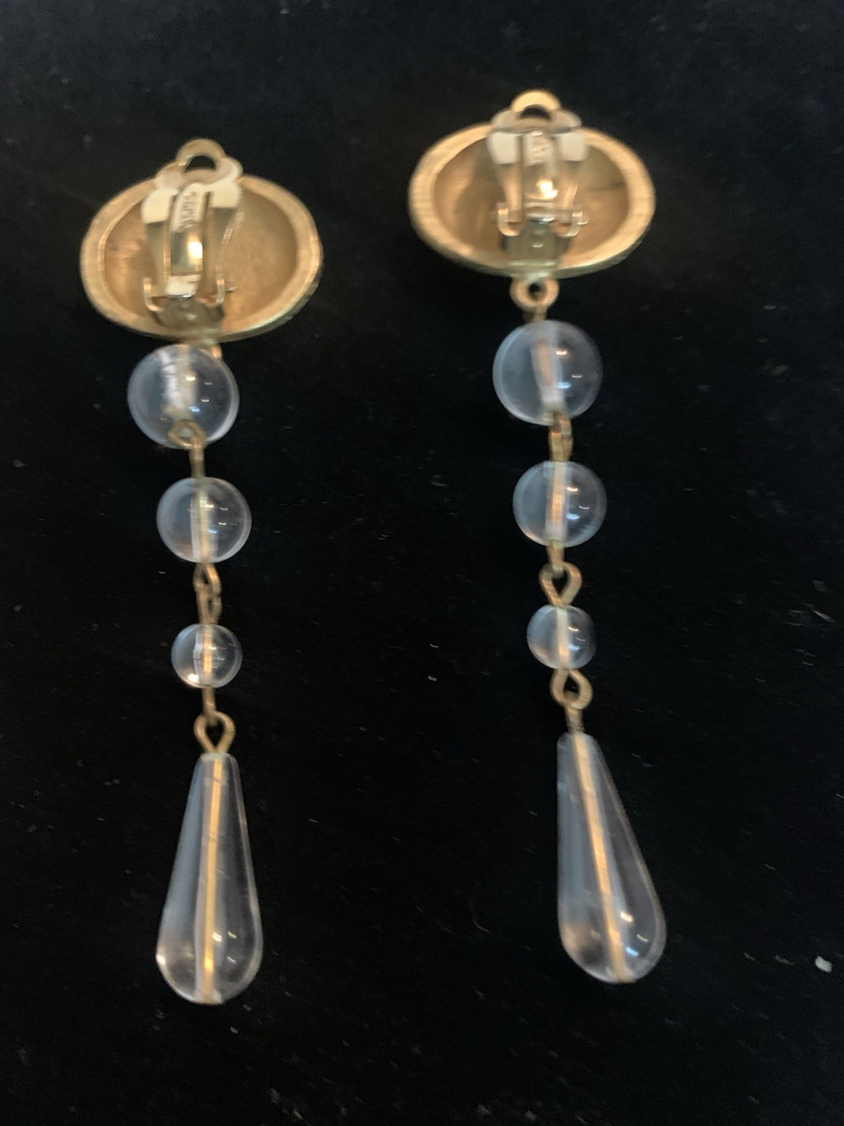 Vtg. DKNY Donna Karan Matte Gold & Clear Lucite Shoulder Duster Clipon Earrings