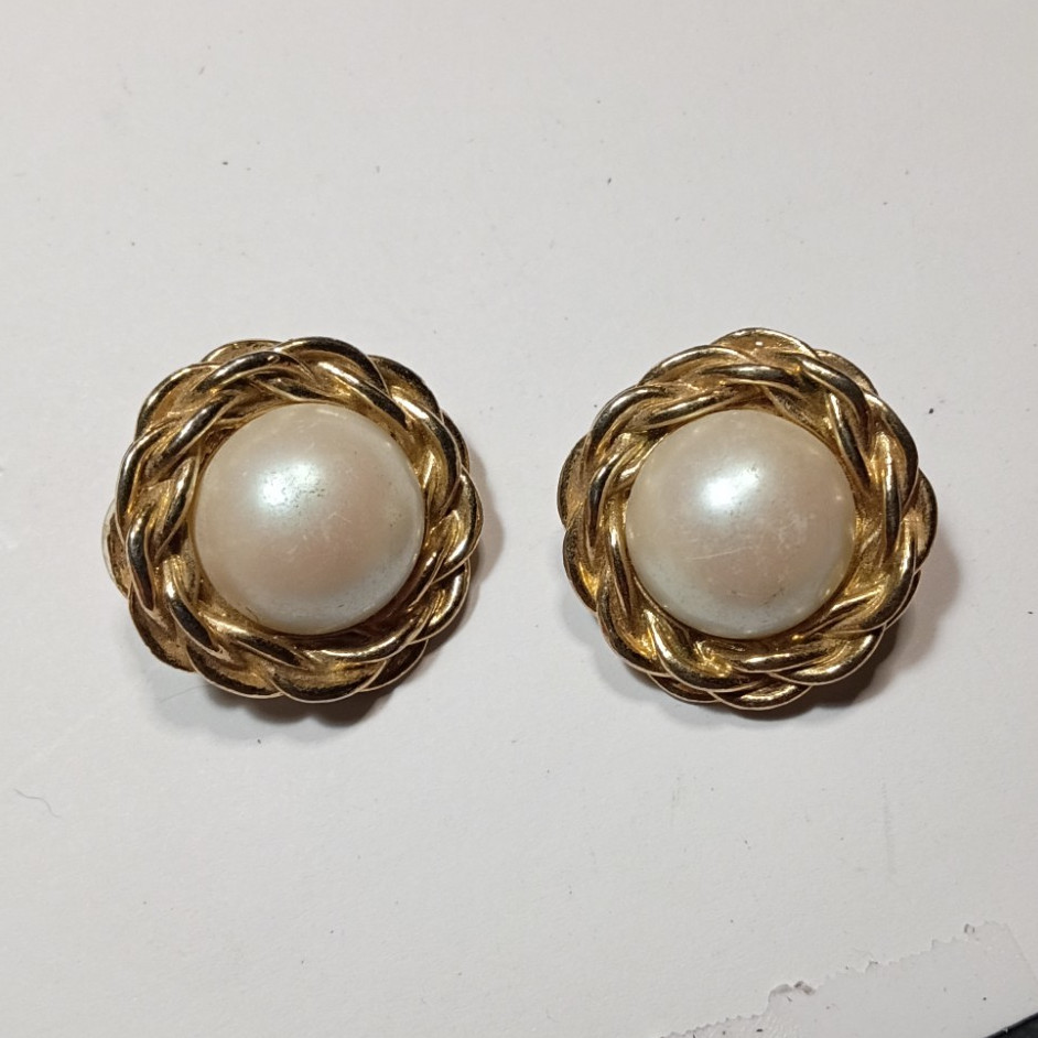 Gold Tone Rope Twist Round Stud Earrings, White Imitation Pearl, Butterfly Back