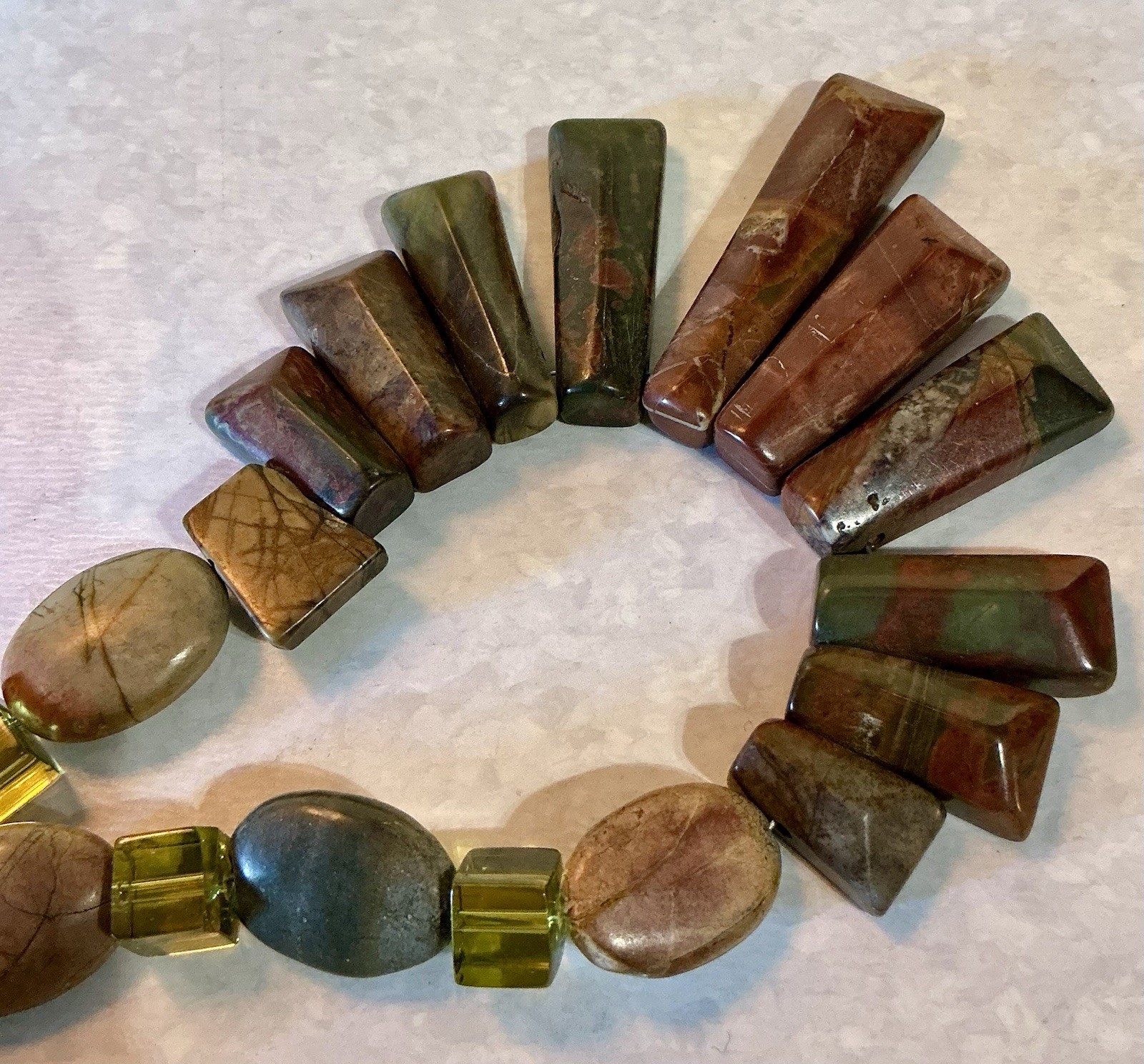 Picasso Jasper Bib Necklace Avocado Green Glass Cube Beads Magnetic Closure 21”