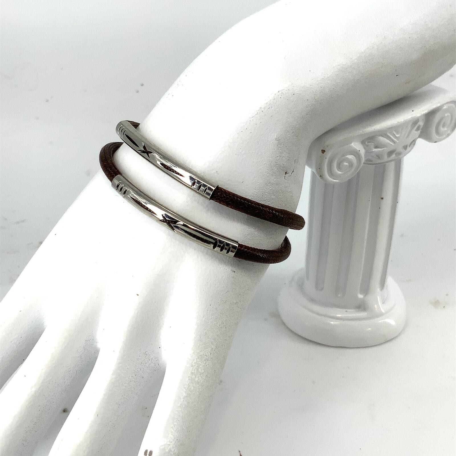 Vintage Brown Braided Cord Silvertone Southwestern Double Strand Wrap Bracelet