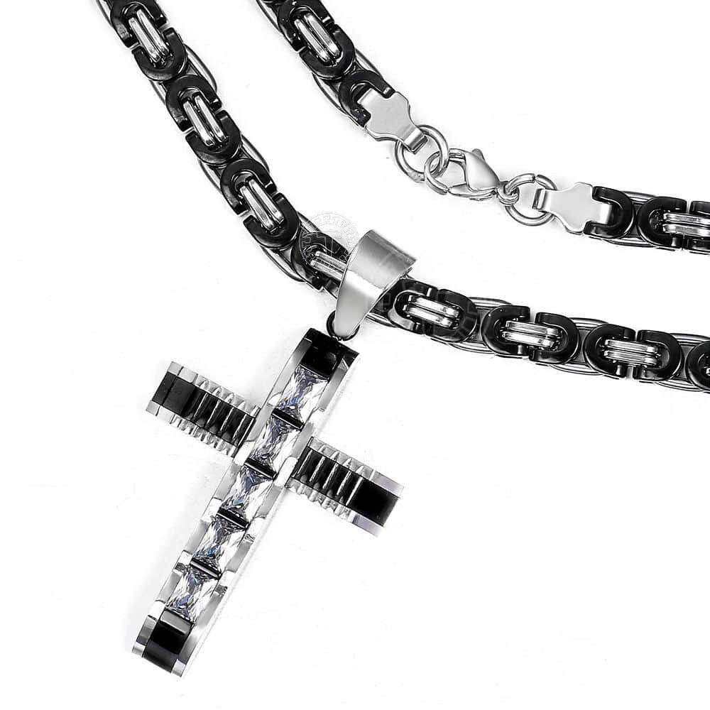 Black&Silver CZ Cross Necklace Pendant Stainless Steel Byzantine Chain 18″-30″