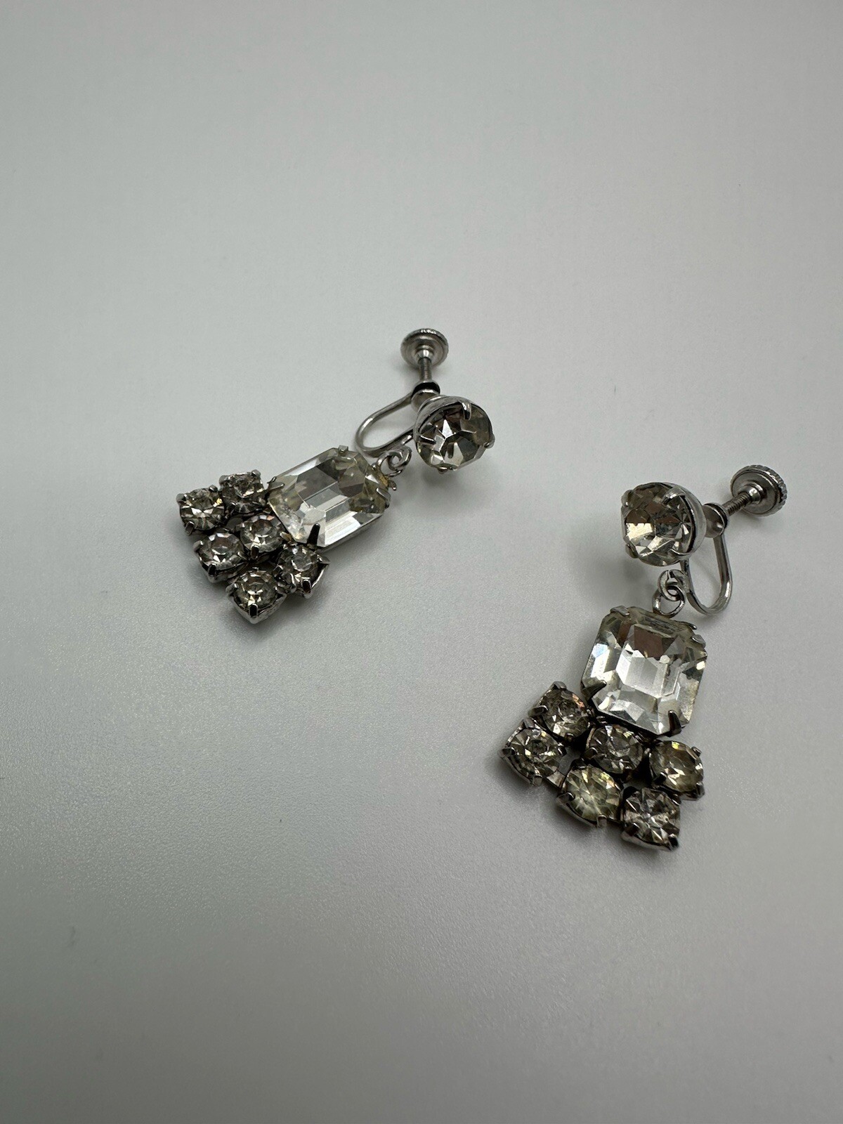 Vintage Silver Screw back Rhinestone Dangle Earrings 3.6cm JB16