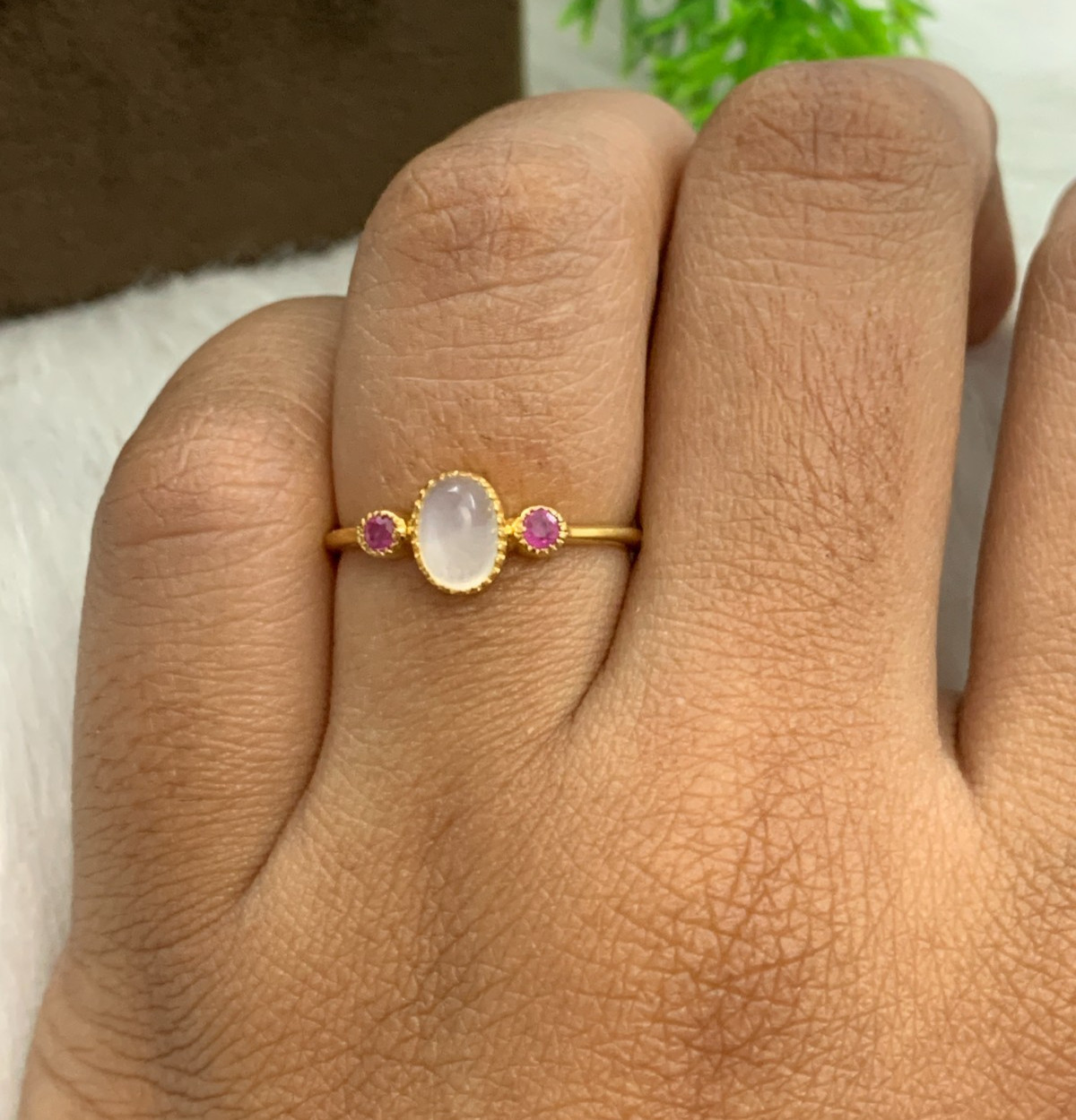 Moonstone With Tourmaline Minimalist Ring-Silver On Gold 14k Gold Vermeil Ring
