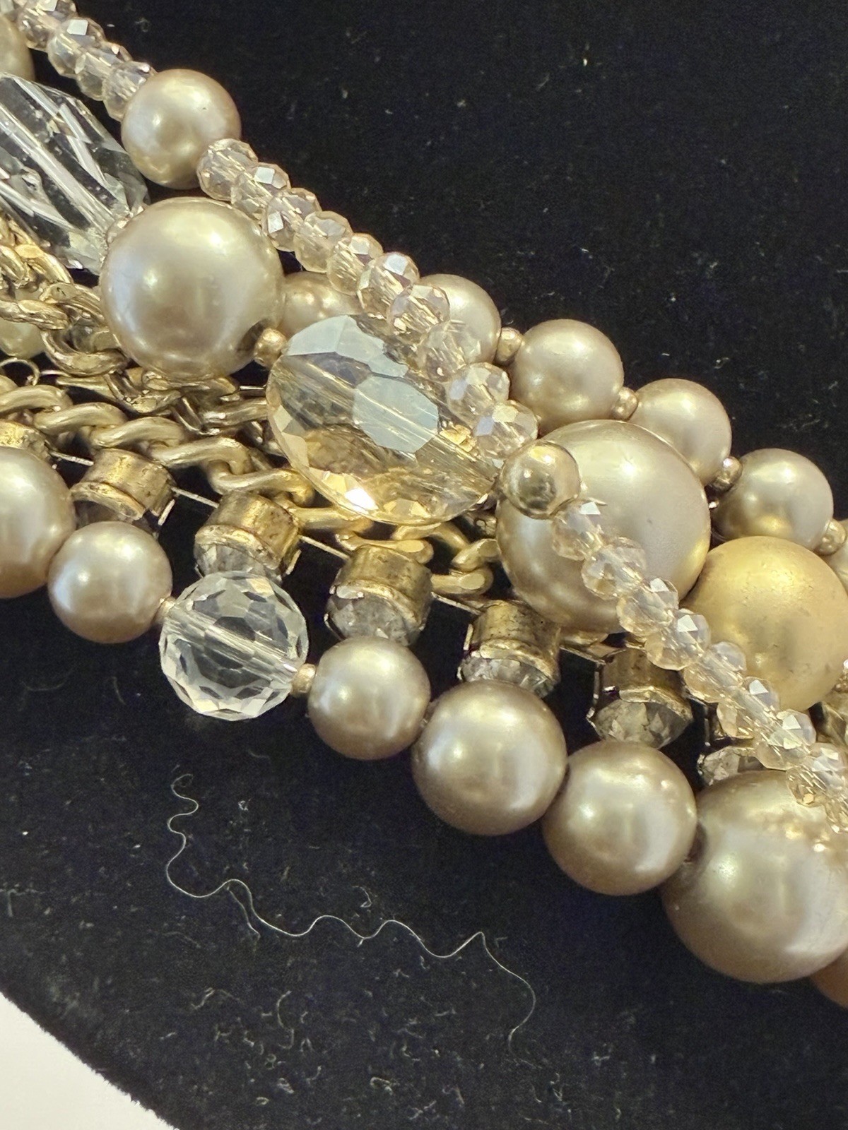 LOFT Gold Tone Layered Statement Necklace Imitation Pearl Crystal 18″ Adjust