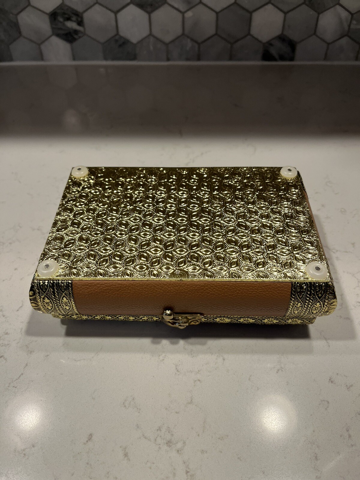 Vintage Trinket Box Camel Faux Leather Red Fabric No-Scratch Interior Hinged