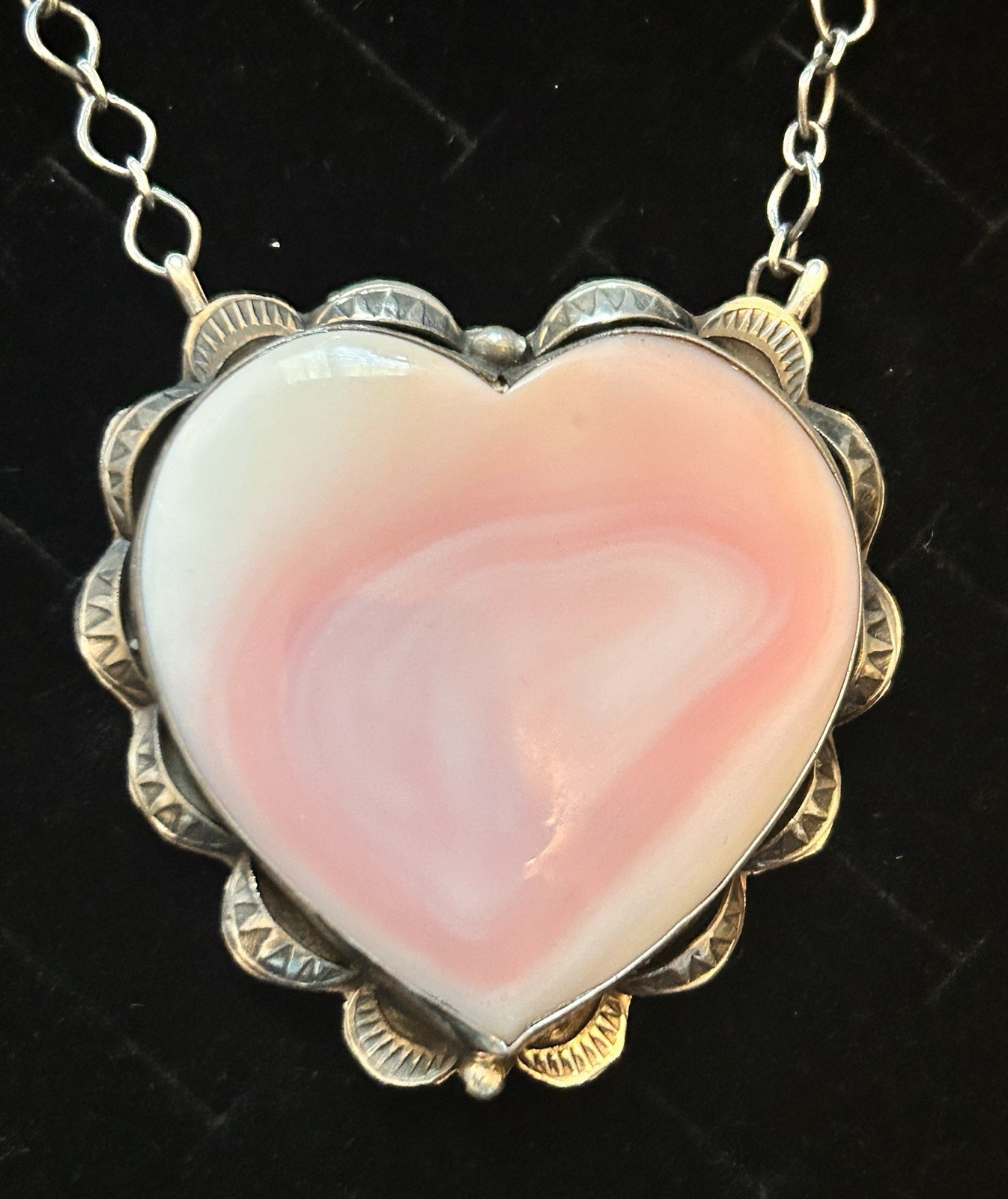 Navajo Handmade Sterling Silver & Pink Conch Heart Necklace by Artist Tia Long
