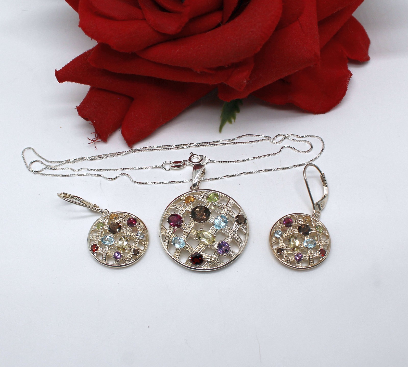 Sterling Silver & Gemstone Necklace Pierced Earrings 16.55g Set CAT RESCUE