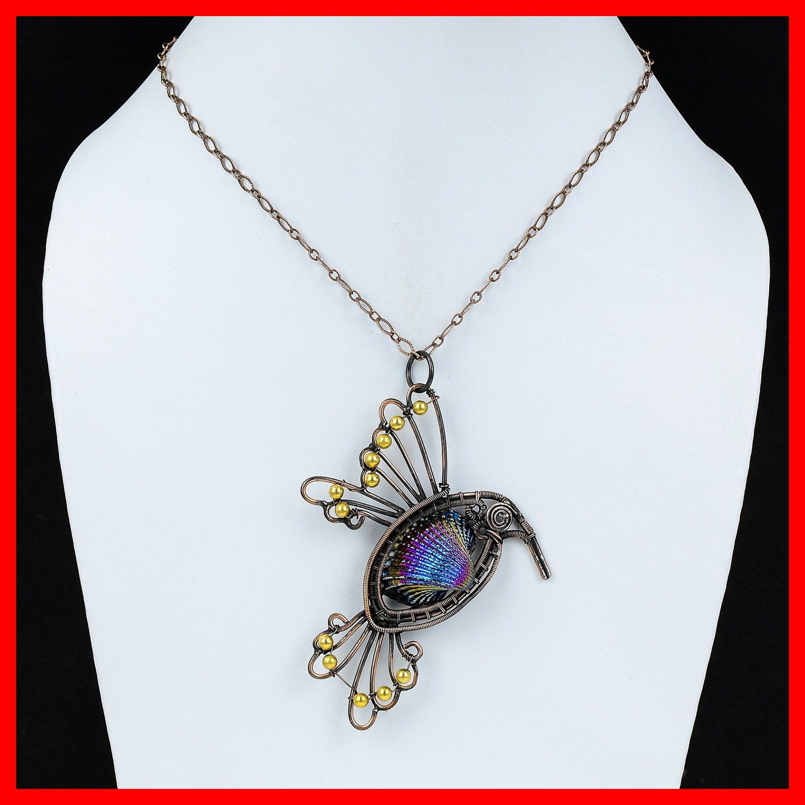 Pear Titanium Coated Shell Gemstone Wire Wrapped Bird New Pendant Jewelry Copper