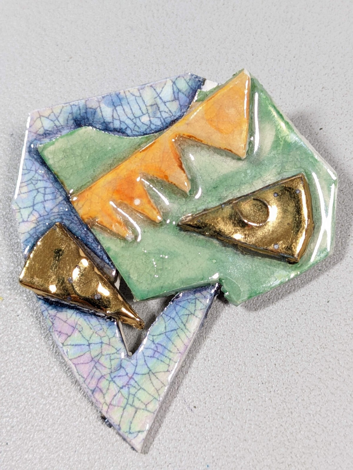 Blue Green Gold Tone Abstract Ceramic Pin Brooch