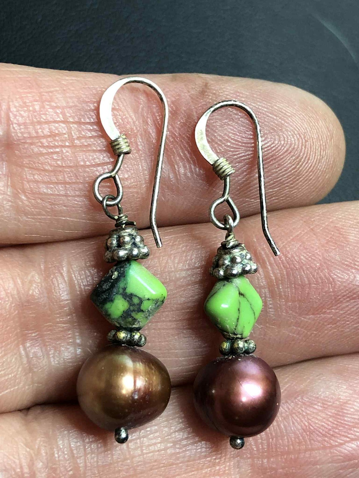 6721 Vintage Sterling 925 Copper 9mm pearl dangle earrings 3.4grams