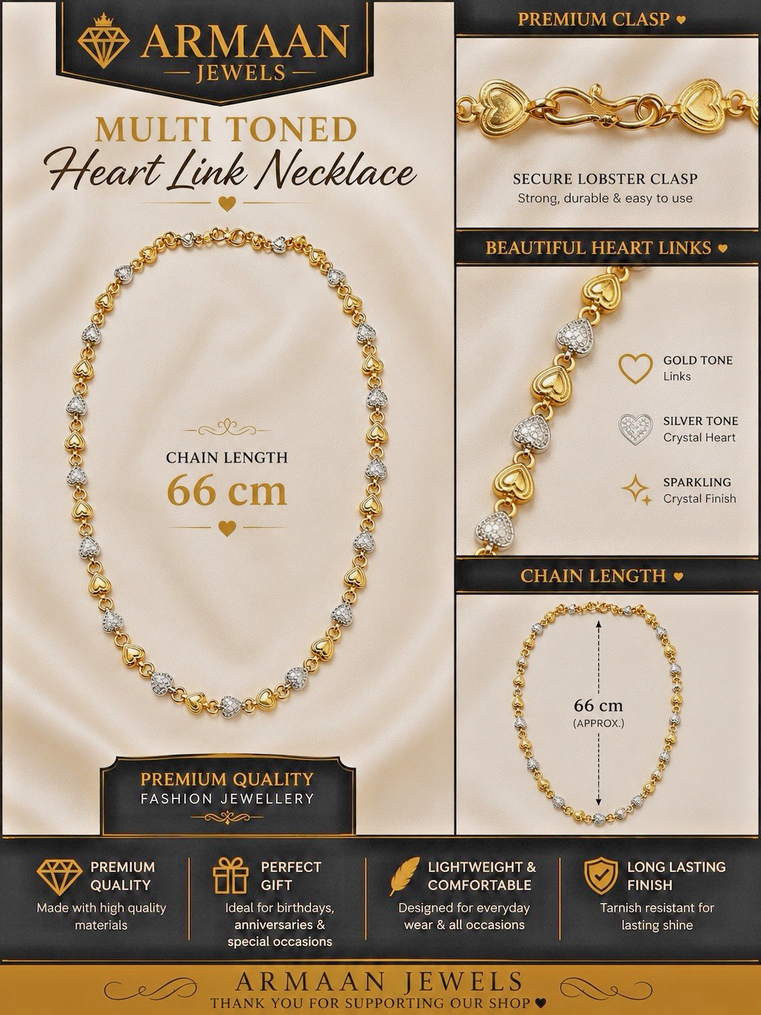 Premium Gift 66cm Heart Link 8mm Necklace 2 GRAM Gold & Silver filled/UK/S