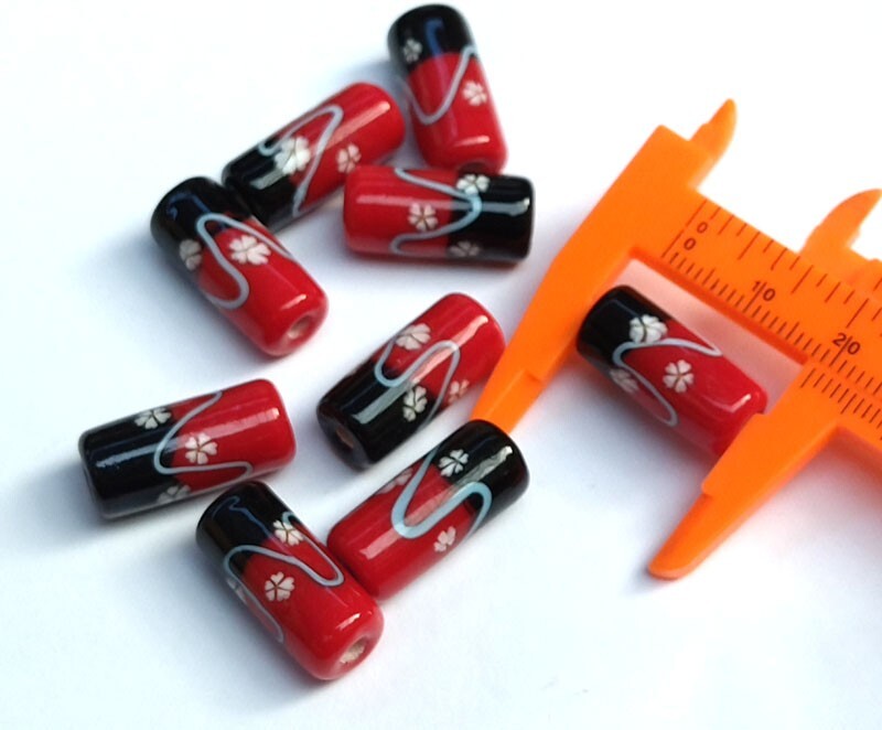 10pcs handmade Lampwork glass red black flower cylinder beads 10*20mm
