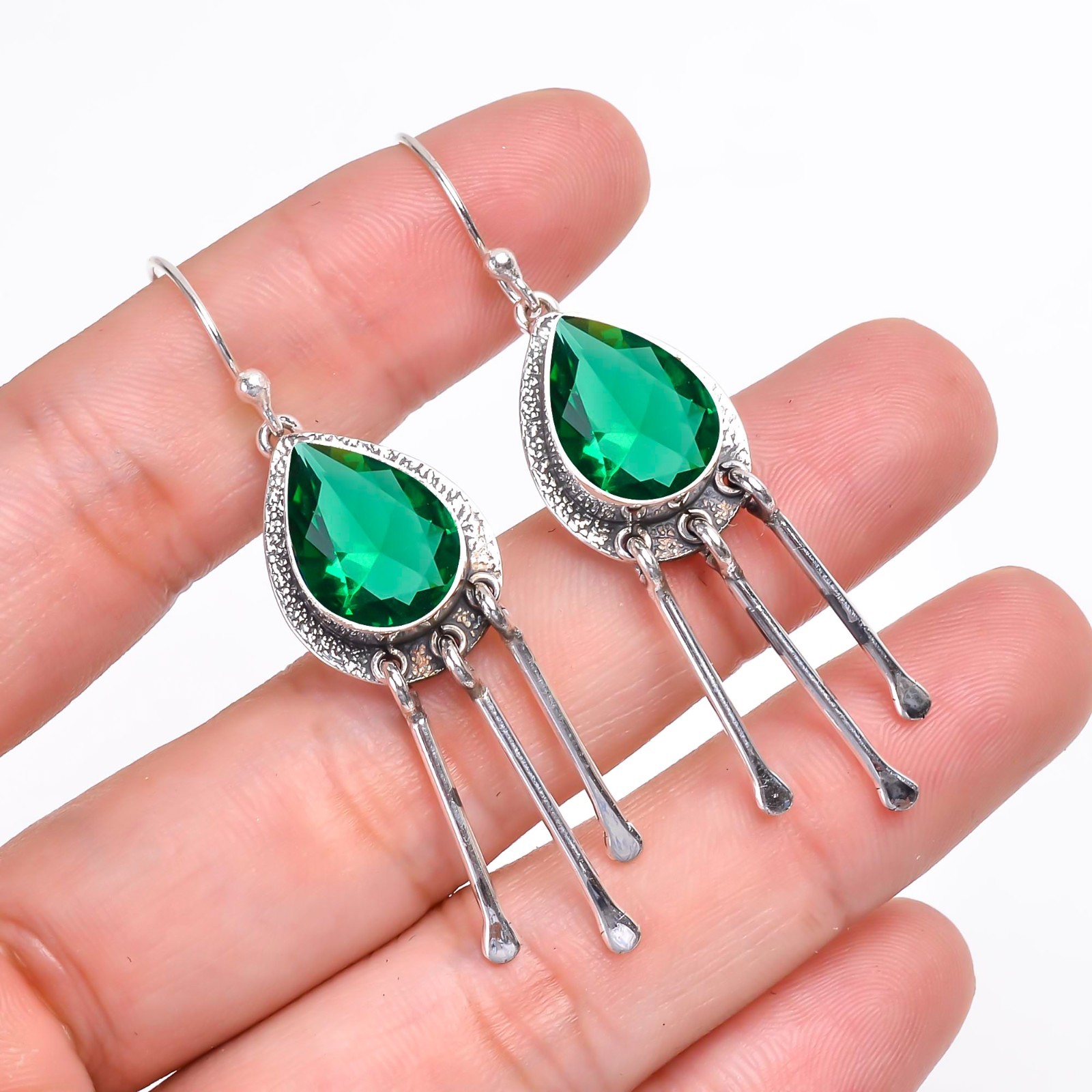 Emerald Simulted 925 Silver Dangle Drop New Earring ” Pear Cut”