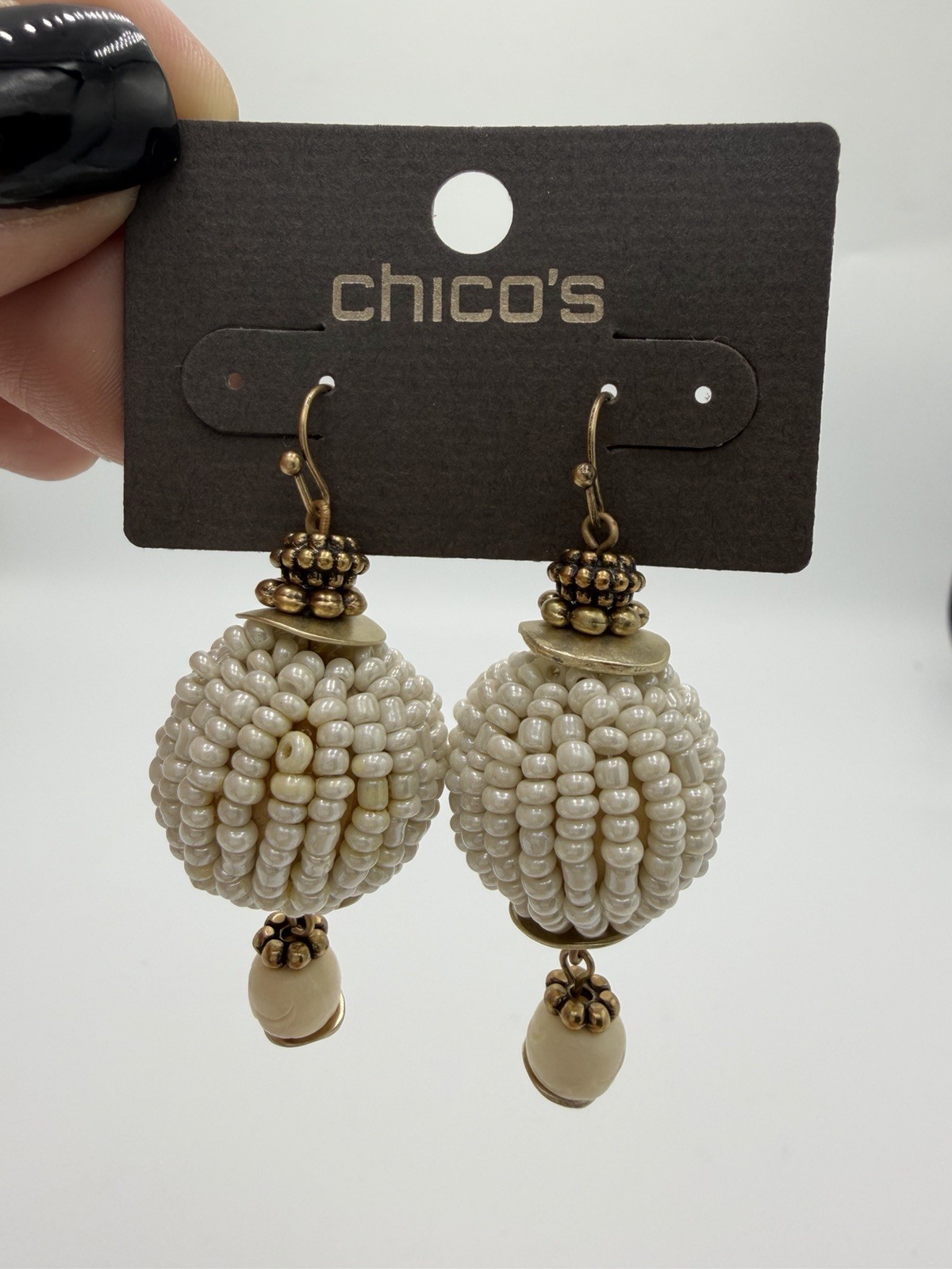 Chico’s white seed bead drop earrings with gold-tone New